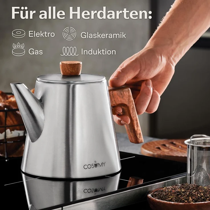 Cosumy Teekanne mit Siebeinsatz und Untersetzer - Edelstahl & FSC Holz - Induktion, 1,2 l, (Set, 1-St, Teekanne mit Siebeinsatz und Untersetzer), Kanne mit Sieb für Tee - Induktion - Tropffrei - Hält lange warm – Bild 4