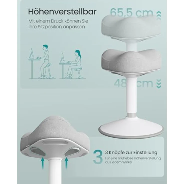 SONGMICS Hocker, mit Schwingeffekt, höhenverstellbar 48-65,5 cm, Anti-Rutsch-Sockel, drehbar, Stahl/Stoff Taubengrau, 65,5 x 34 x 34 cm – Bild 6