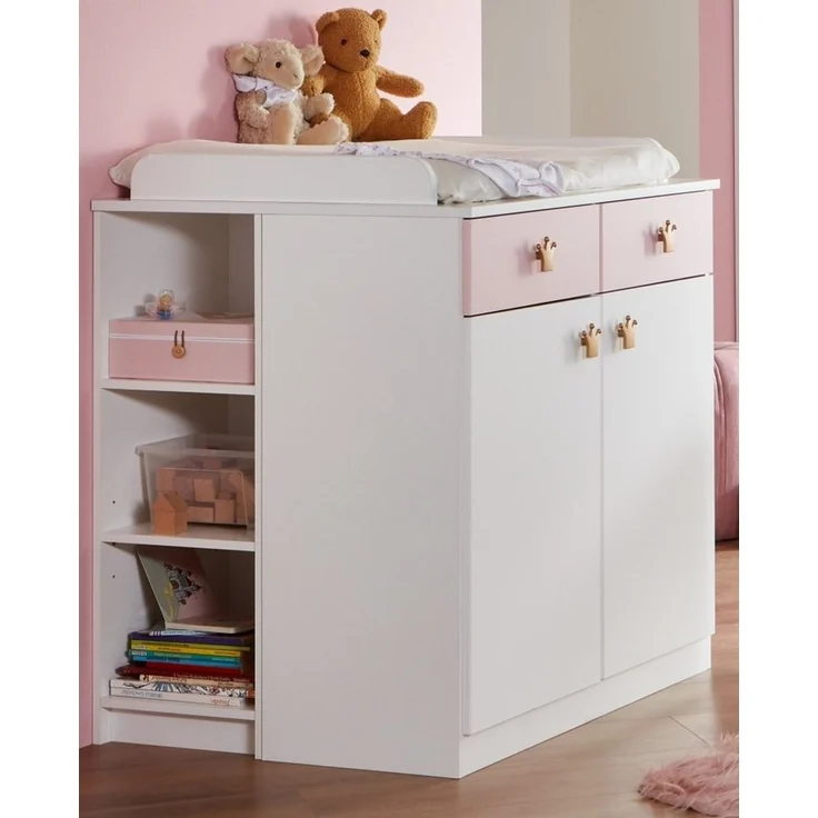 Babyzimmer Cindy Kinderzimmer Komplett Set in Weiß und Rosé in verschiedenen Varianten wählbar - 7 teilig , 3 türiger Kleiderschrank + Babybett + Wickelkommode + Umbauseiten + Bettschubkasten + Seitenregal + Wandboard – Bild 3