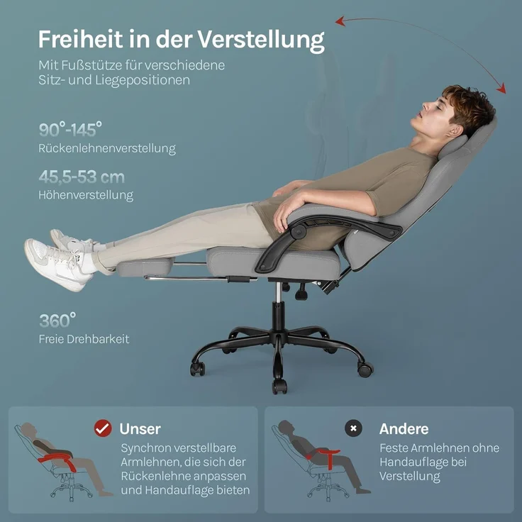 WOLTU Gaming Stuhl mit Massagefunktion, Computerstuhl mit Taschenfederkissen, Gamer Sessel ergonomisch, Drehstuhl mit Kopfkissen, Lendenkissen, Fußstütze, 150 kg, Netzstoff, Grau + Gelb, GS08gr – Bild 6