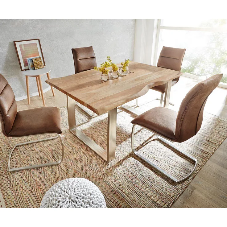 Esstisch Edge 140x90 Akazie Natur Edelstahl Schmal Live-Edge