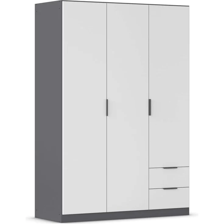 Rauch Möbel Lagoa, Kleiderschrank, Garderobe für Schlafzimmer, Kinderzimmer, Jugendzimmer 3-türig, 2 Schubladen, mit Zubehör Basic, Farbe Weiß/Grau metallic, Schwarz, Breite 136 cm – Bild 1