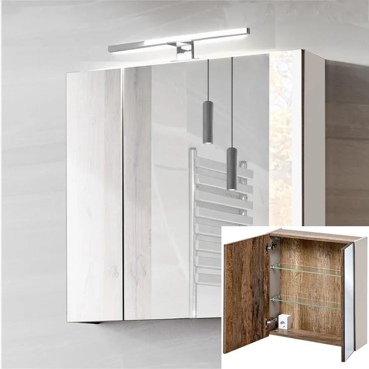 Spiegelschrank 60cm mit LED PUEBLA-56-TAUPE in taupe mit Vintage Oak Eiche, B/H/T ca. 60/65-75/17 cm – Bild 1