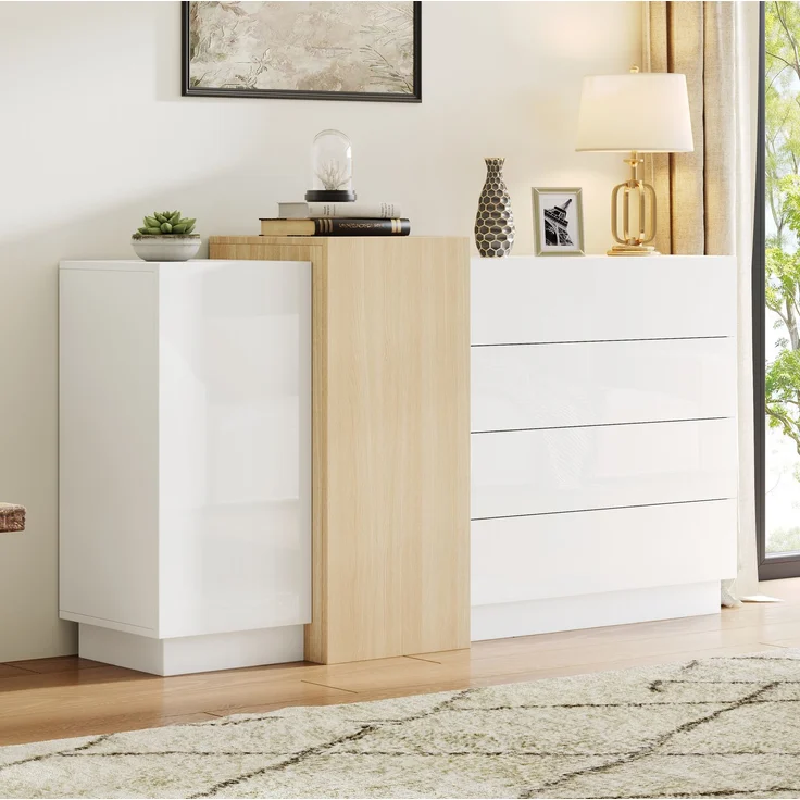 DESVIAE Sideboard mit 4 Schubladen und 2 Türen, 140x76,5x35 cm, MDF, Weiß hochglänzend – Bild 3