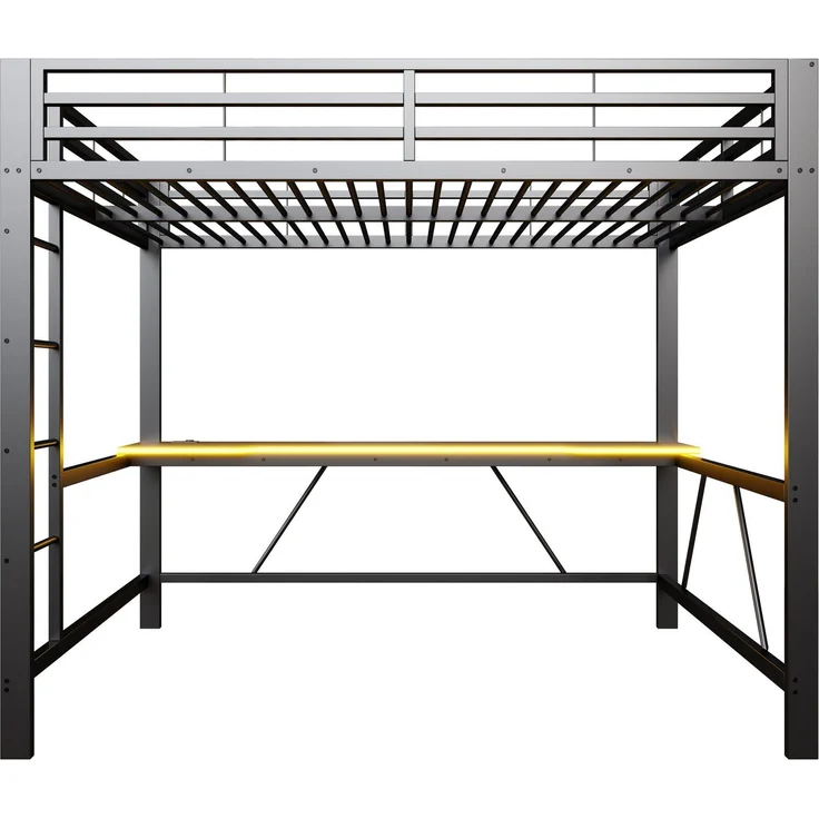 Hochbett mit RGB LED-Streifen, Schreibtisch, Trittleiter, Lattenrost, Steckdose, USB und Type-C, 160x200 cm, Kinderbett mit Rausfallschutz, Metallbett – Bild 6