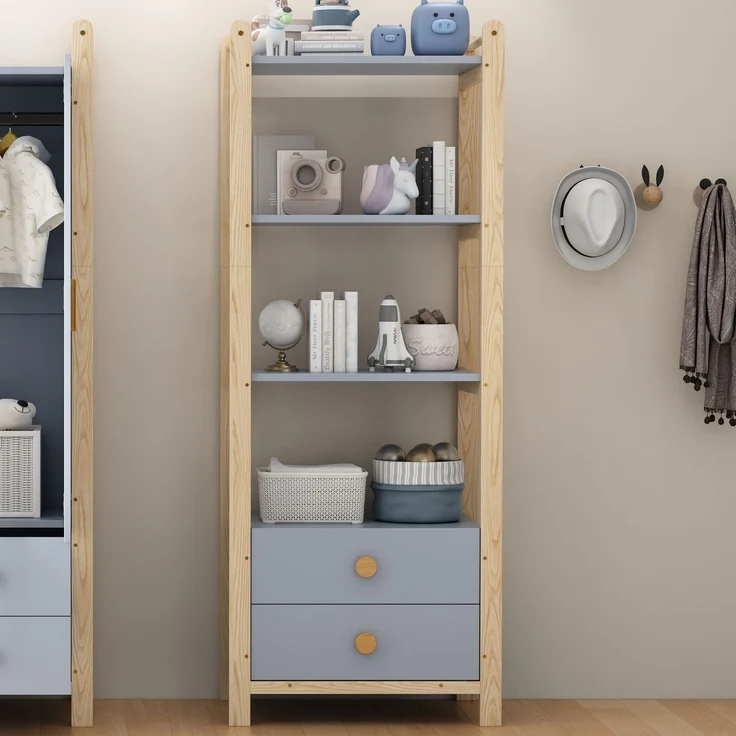 Doppelklappengarderobe, Kombinationsgarderobenset, Garderobe + Regal, Kinderzimmer-Set, Kombinationsmöbel, mit Kleiderstange und Schubladen, Fichtenrahmen, Farbkombination Blau + Naturholz, Höhe 180cm – Bild 7