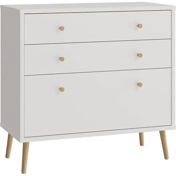 Forte HARLLSON Sideboard 90, Mid-Century-Modern Stil, leichte Montage Dank EasyKlix by Forte, 3 Schubladen, hohe Füße, Holzwerkstoff, Weiß, 89,8 cm breit x 86,5 cm hoch x 41,5 cm tief