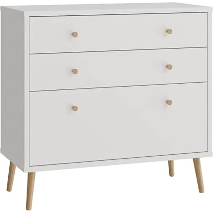 Forte HARLLSON Sideboard 90, Mid-Century-Modern Stil, leichte Montage Dank EasyKlix by Forte, 3 Schubladen, hohe Füße, Holzwerkstoff, Weiß, 89,8 cm breit x 86,5 cm hoch x 41,5 cm tief – Bild 1