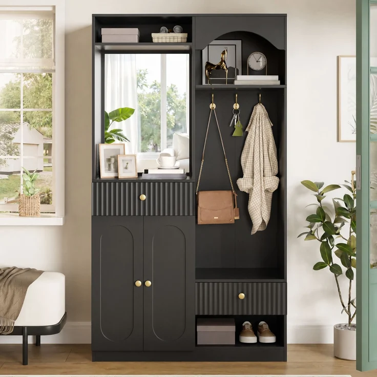 Faumrta Kompaktgarderobe mit Spiegel und Sitzbank,Flurgarderobe mit Schuhschrank und Haken, Kleiderhaken,Kompaktgarderobe,Flurmöbel Set,Flurgarderobe,LED-Streifen mit einstellbarer Farbe100CM*35CM*180CMSchwarzMDF (Medium-Density-Faserplatte) – Bild 7