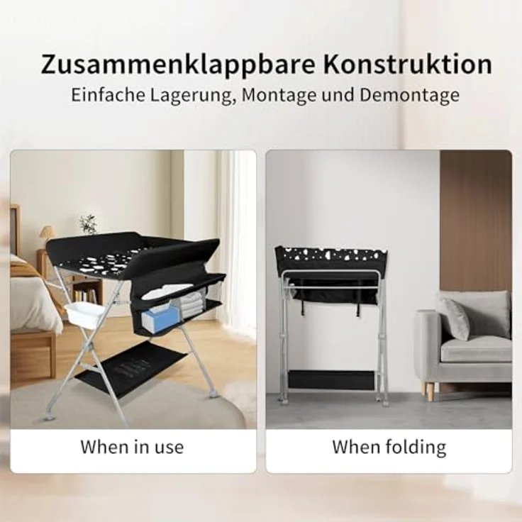 Baby Klappbarer Wickeltisch，Mobiler Wickeltisch mit Rollen und Wickelauflage,Wasserdicht und Höhenverstellbar，Baby Wickelkombi mit Ablagefächern-80 * 58 * 90 cm-schwarz – Bild 7