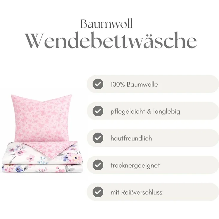 Renforce Bettwäsche mit Reißverschluss - Wendebettwäsche aus 100% Baumwolle, Florales Design 200x200 cm + 2 x 80 x 80 cm – Bild 4