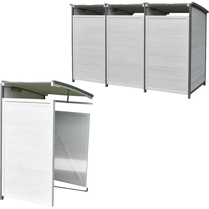 Mülltonnenbox Doppelbox Mülltonnenverkleidung Anbaubox Weiß Grau Mülltonne 240L Gartenbox Anbaubox Holz Anbau Deckel Grau Weiß Zinkdach – Bild 3