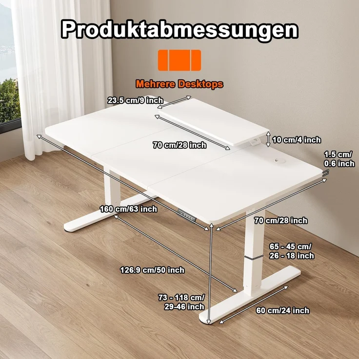 JUMMICO Höhenverstellbarer Schreibtisch mit Monitorständer, Elektrisch Schreibtisch Steh-Sitz, Standing Desk,160x70 cm, Weiß – Bild 8