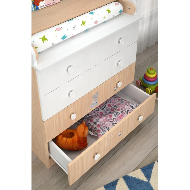 Shefa Kids Wickelkommode 800 Teddy, Weiß-Pastell Eiche, 4 Schubladen, 80 cm Breite – Bild 8