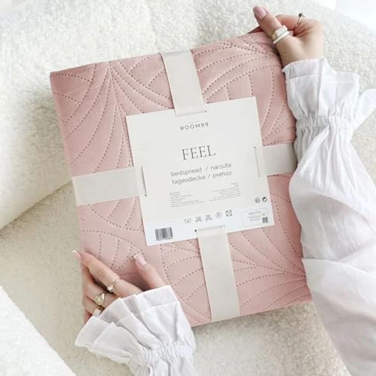 ROOM99 Feel Elegante Tagesdecke in Puderrosa 200x220 cm Vielseitige Wohndecke Bettüberwurf oder Sofaüberwurf Überwurfdecke für Bett und Sofa Steppdecke Stil Ideal als Bedspread Velvet Samt – Bild 8