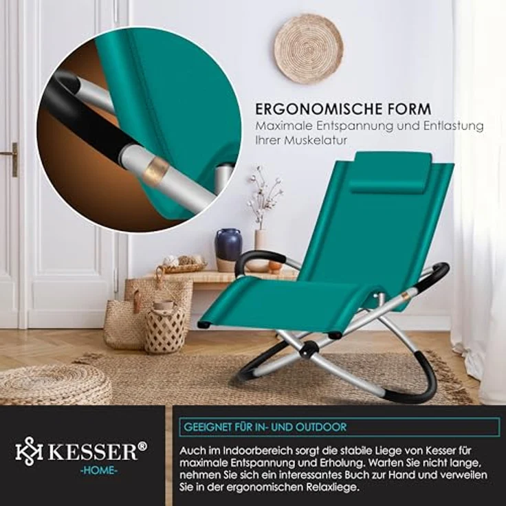 KESSER® Relaxliege Liegestuhl | Gartenliege Sonnenliege | Gartenstuhl | Klappstuhl faltbar | Schwungliege | Schaukelsessel | ergonomische Relaxsessel | wetterfest | 180 kg Belastung, Petrol Grün – Bild 7