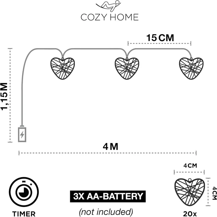 COZY HOME LED-Lichterkette Herz Lichterkette Batterie und Stecker -, 20 LEDs I 5 Meter I Timer-Funktion I Warmweiß I Lichterkette Innen – Bild 4
