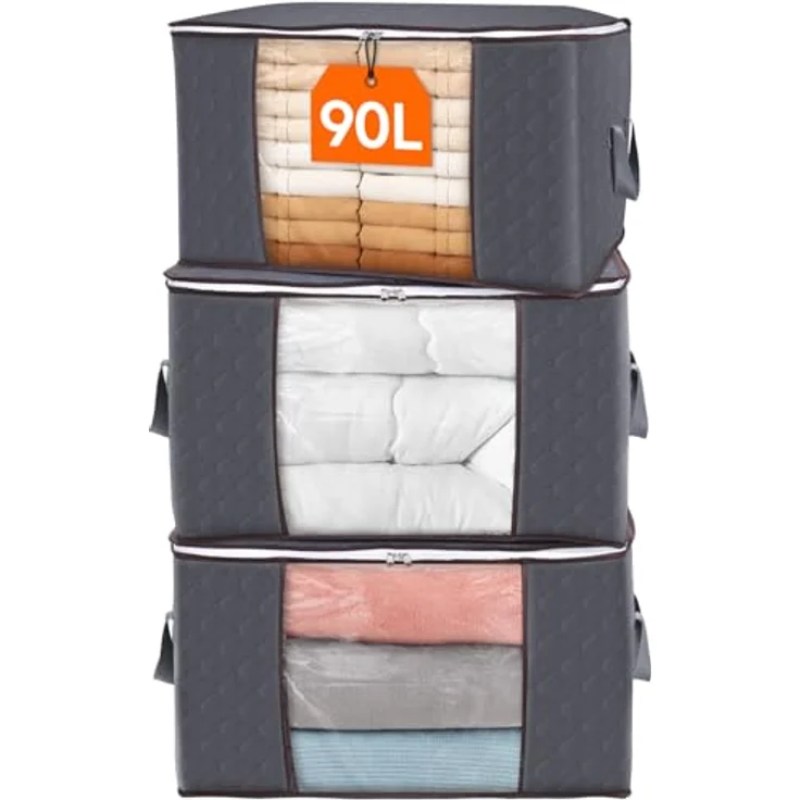 Lifewit 3 Stück 90L Große Aufbewahrungstasche Schrank Organizer Set, Faltbar Kleideraufbewahrung mit verstärkt Griff, stabilem Reißverschluss für Kleidung, Bettwäsche, Bettdecken, Steppdecke, Kissen – Bild 1