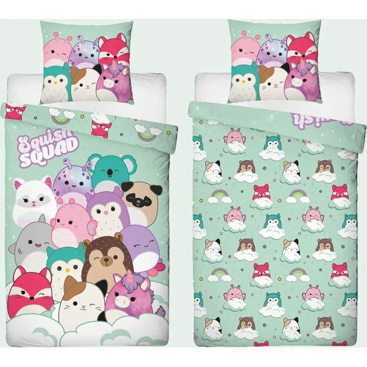 MTOnlinehandel Bettwäsche Squishmallows 135x200 + 80x80 cm, 100% Baumwolle, 2 teilig, Squish Squad, Cam, Fifi, Lola, Winston und Hans, Regenbogen, Wolke – Bild 4