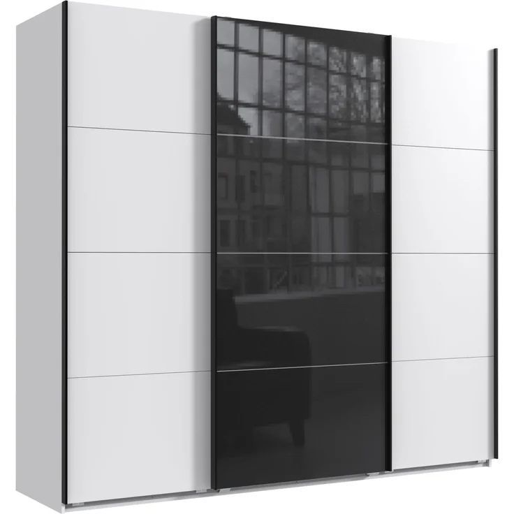 Schwebetürenschrank Kleiderschrank B225 cm H208 cm 3-türig Weiß, 1x Tür Glas Schwarz – Bild 1
