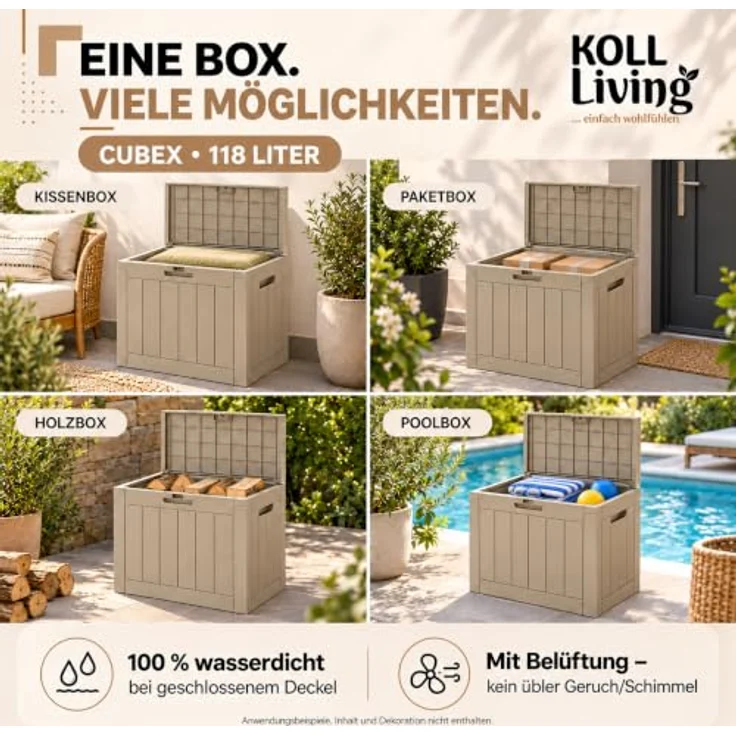 Koll Living Gartenbox Cubex, 118 Liter, witterungsbeständig, pflegeleicht, quadratisch, Beige – Bild 6
