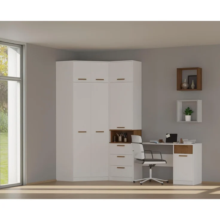 Marmex Möbel Grant 08N Eckkleiderschrank mit Kleiderstangen und Einlegeböden, laminierte Spanplatte, weiß, 91x195x91 cm – Bild 2