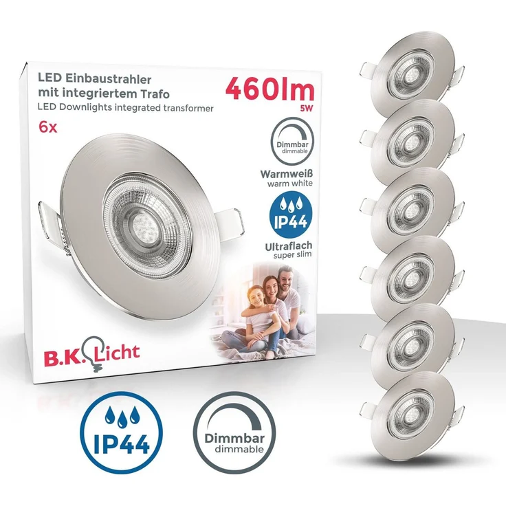 B.K.Licht - 6er Set LED Bad Einbaustrahler 230V dimmbar, flach, warmweiß, LED Spot, Deckenspots, Spots, Einbauleuchten, Einbauspots, Badezimmer, 68mm Lochmass, 90x25 mm, Matt-Nickel – Bild 1