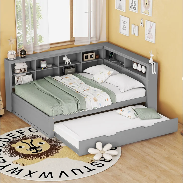 CHICFURN Doppelbett aus Massivholz Grau 140x200 cm mit Ausziehbett 90x190 cm, USB-Anschluss und Stauraum – Bild 1