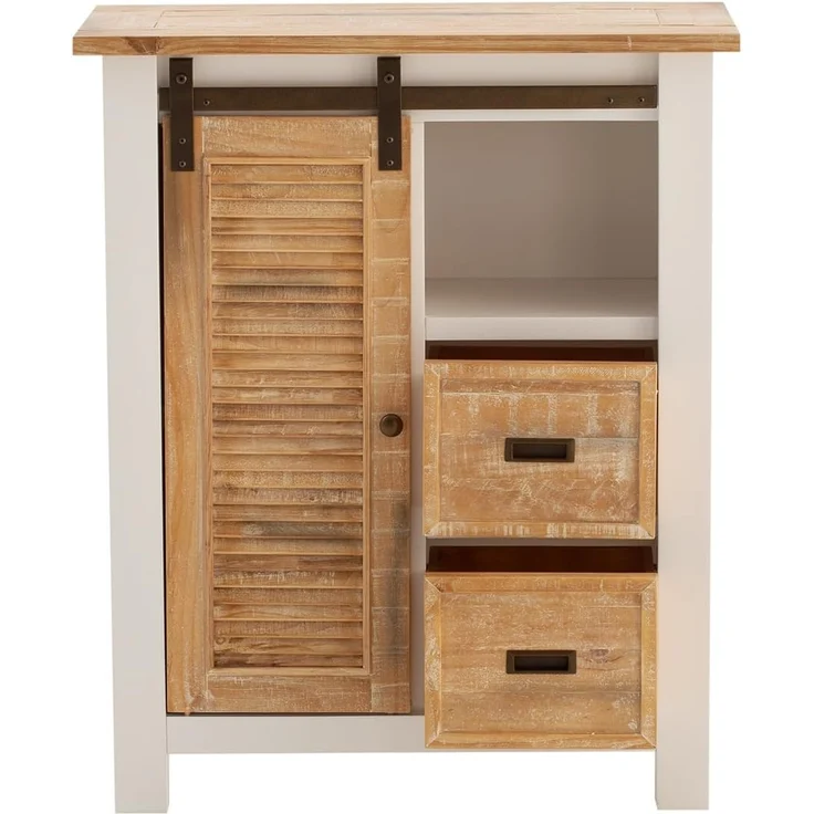 Hochkommode Capera 85x102x42cm aus Massivholz weiß braun rustikal mit Scheunentor-Schiebetür Stauraum für Wohnzimmer Esszimmer massivum – Bild 3