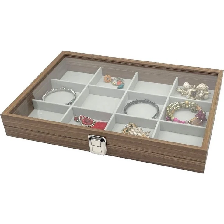 Schmuckkasten Holz Schmucklade 12 Fächer für Schmuck Ringe Ohrringe Halsketten Armbänder Schmuckkoffer Schmuckkasten Schmuckbox Aufbewahrung Schmuckdisplay Deckel aus Echtglas Schmuckschatulle, Deckel aus Echtglas – Bild 3