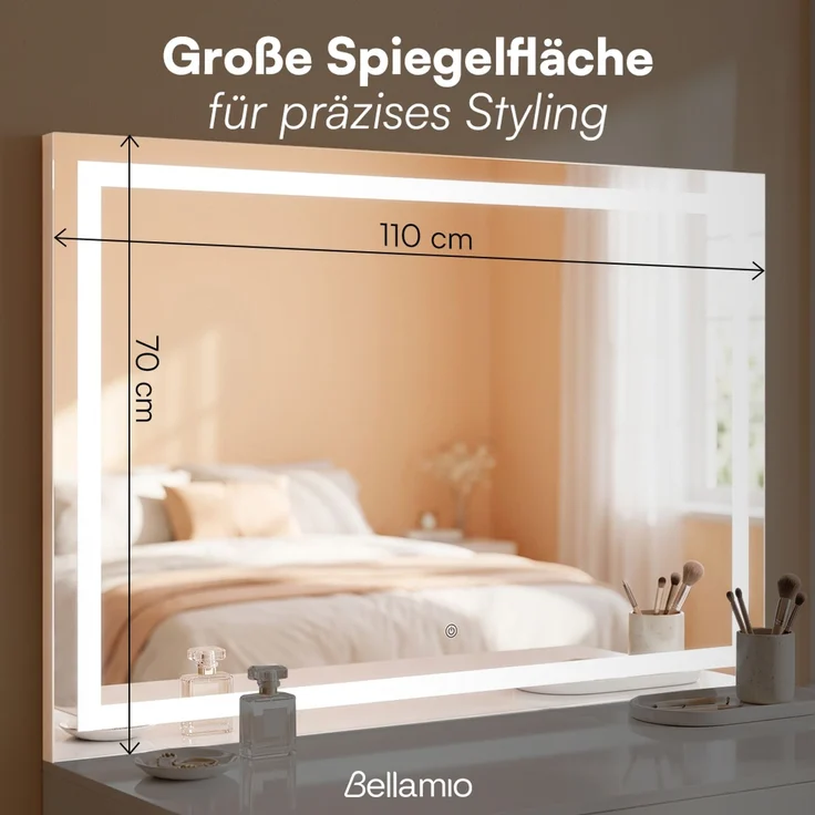 Bellamio 'Livny' Schminkspiegel mit LED-Beleuchtung, dimmbar, mit 3 einstellbaren Lichtfarben, weiß, 110x70 cm, inkl. Touch-Screen (mit Wandbefestigung) – Bild 7