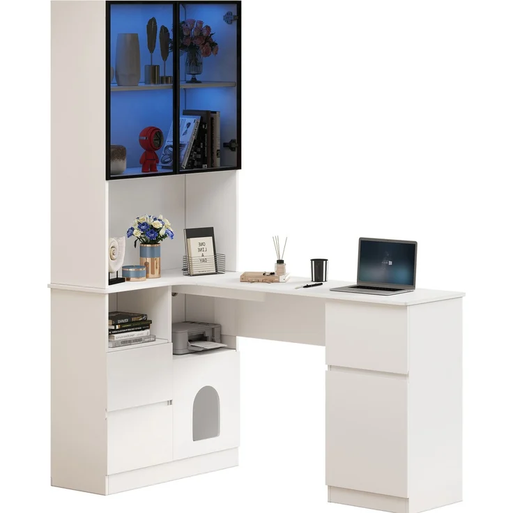 Eckschreibtisch 120 x 80 x 180 cm mit Regal, LED-Vitrine und 3 Schubladen – Weiß – Bild 7