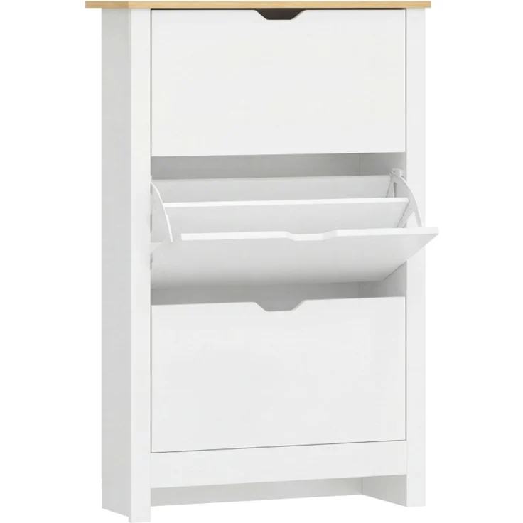 ZUBALIYA Schuhschrank (72 x 26 x 112 cm), 3 Klappfächer, Herausnehmbare Einlegeböden, Stauraum für Flur und Eingangsbereich, Naturfarben / Weiß – Bild 6