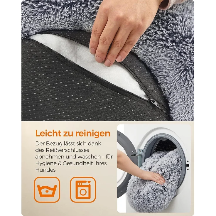 Feandrea Hundebett flauschig, Katzenbett, Donut Kissen, waschbar, Polsterung in der Mitte herausnehmbar, langer Plüsch, 60 cm Durchmesser, Ombré-Grau – Bild 6