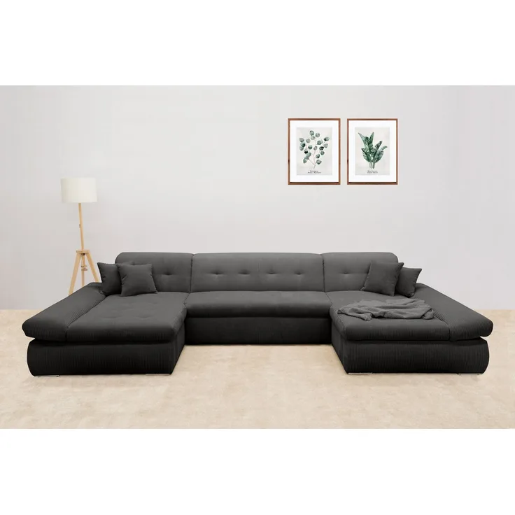 DOMO collection Wohnlandschaft Moric wahlweise mit Bettfunktion und Armteilverstellung, XXL, U-Form, beidseitig mit Recamiere, incl. Zierkissen, Cord-Bezug