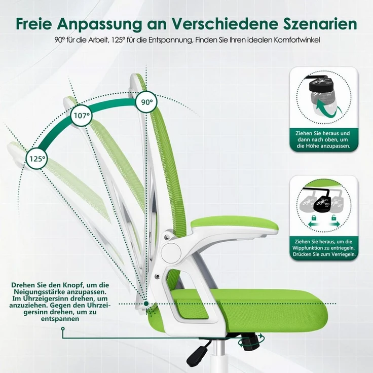 Adormii Bürostuhl Ergonomischer Bürostuhl mit klappbaren Armlehnen und Rückenlehnen (Drehstuhl mit Drehbare, höhenverstellbarer Kopfstütze, geräuscharme Rollen, 90°-135° Wippfunktion Bürostuhl, belastbar bis 150kg, Netz atmungsaktiv, Chefsessel), Leise... – Bild 3