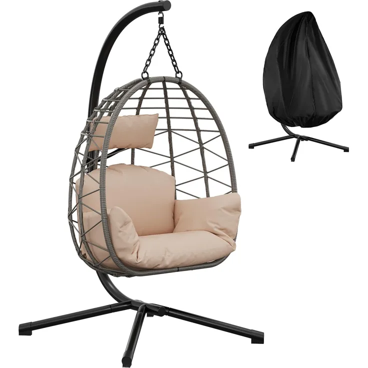 Hängesessel mit Gestell Outdoor bis 150 kg belastbar, Rattan Hängesessel mit Metallgestell, ideal als Hängesitz Indoor mit Gestell für Garten, Terrasse & Balkon Beige