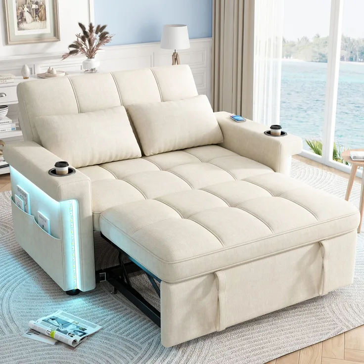 Merax 2-Sitzer Sofa, Schlafsofa mit Schlaffunktion, LED-Beleuchtung, USB/Type-C-Ladeanschluss, verstellbare Rückenlehne, Kissen, Getränkehalter, Seitentasche, Chenille Stoff, Beige