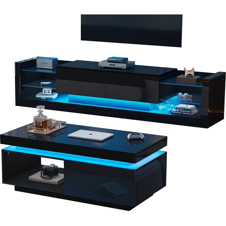 Merax TV-Wandschrank-Set, schwarzer TV-Schrank + schwarzer Couchtisch, schwarzer Hochglanz-Wandschrank, Wohnzimmerset, Hochglanz-Set mit LED-Leuchten – Bild 8