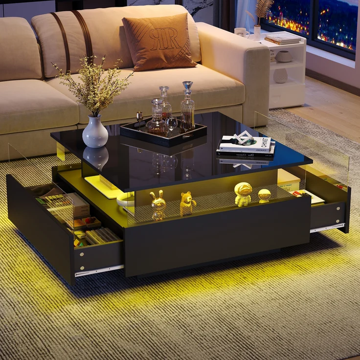 Couchtisch, Hochglanz, mit LED-Beleuchtung, 2 Schubladen & transparentem Display, 70x70x41 cm, Schwarz – Bild 1