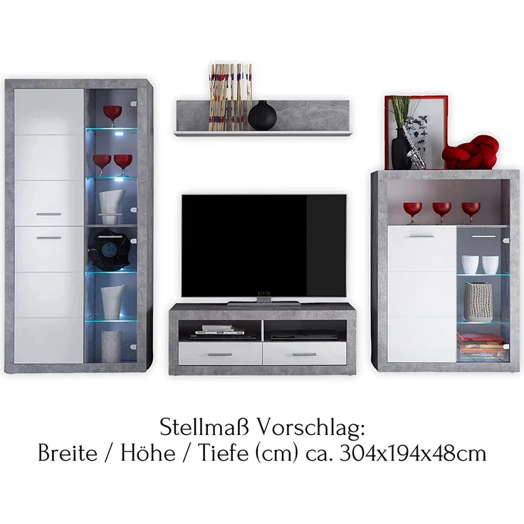 Wohnwand Spider / Stone, Glas, Holzwerkstoff, Grau, Weiß, 304 x 194 x 48 cm – Bild 4