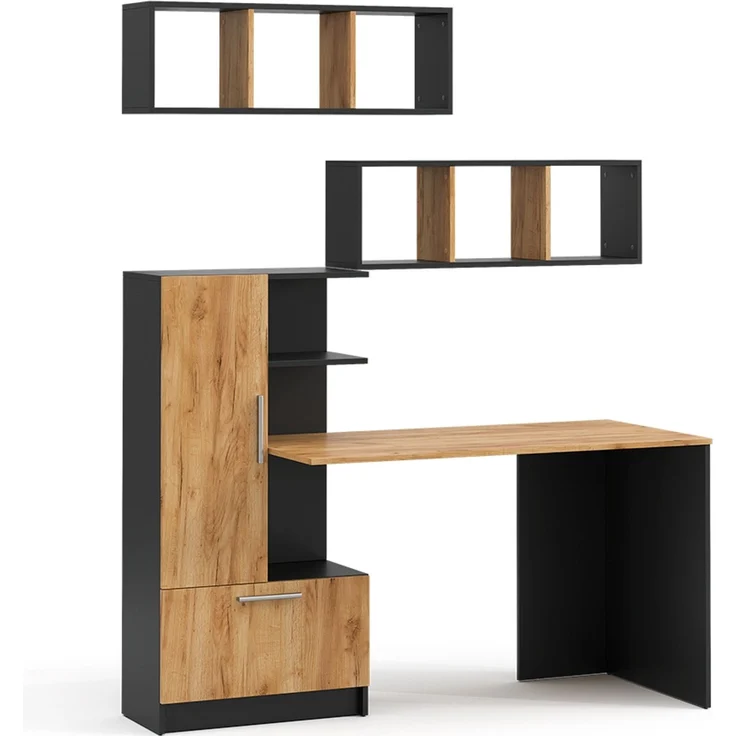 Schreibtisch-Set Tomy Anthrazit/Goldkraft Eiche 150 x 59 cm 3er Set da 2 Regale+Schreibtisch Vicco – Bild 1