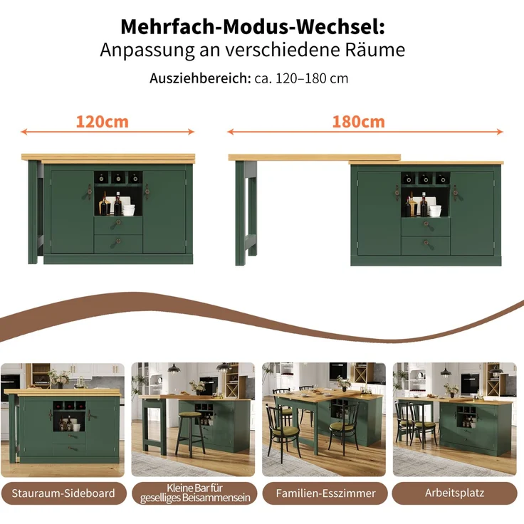 Bartisch aus MDF, ausziehbar mit Stauraum, 120-180x40x76 cm, Antikgrün – Bild 9