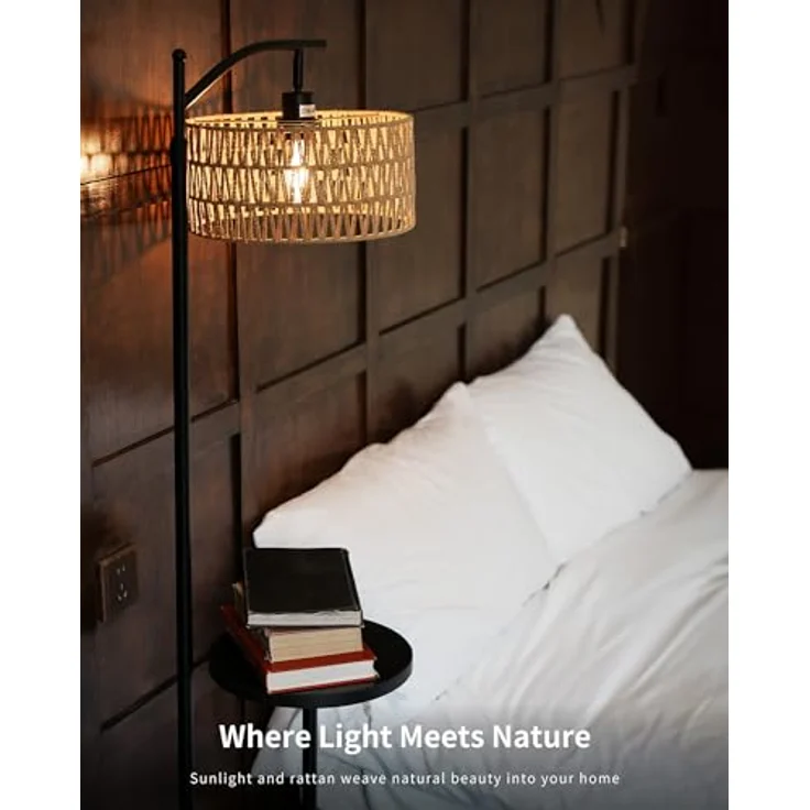 LuminexDesigns Stehlampe Wohnzimmer Vintage Rattan - Stehleuchte Schwarz Retro E27 mit Ablage Höhenverstellbar 176CM Boho Standleuchte mit 2M Kabel Fußschalter Beige Standlampe für Schlafzimmer – Bild 3