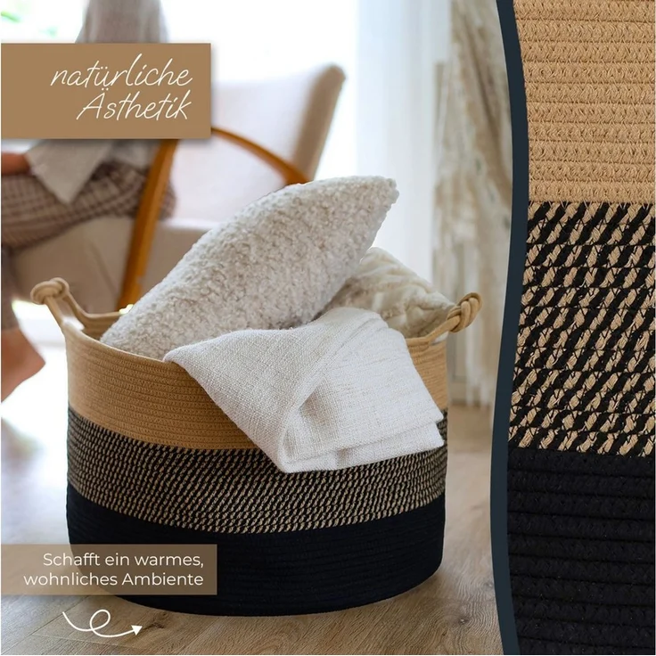 HMF Aufbewahrungskorb Aufbewahrungskorb mit Glücksknoten-Griffen, großer Korb aus Baumwolle, 50x33 cm, Schwarz-Honig – Bild 3