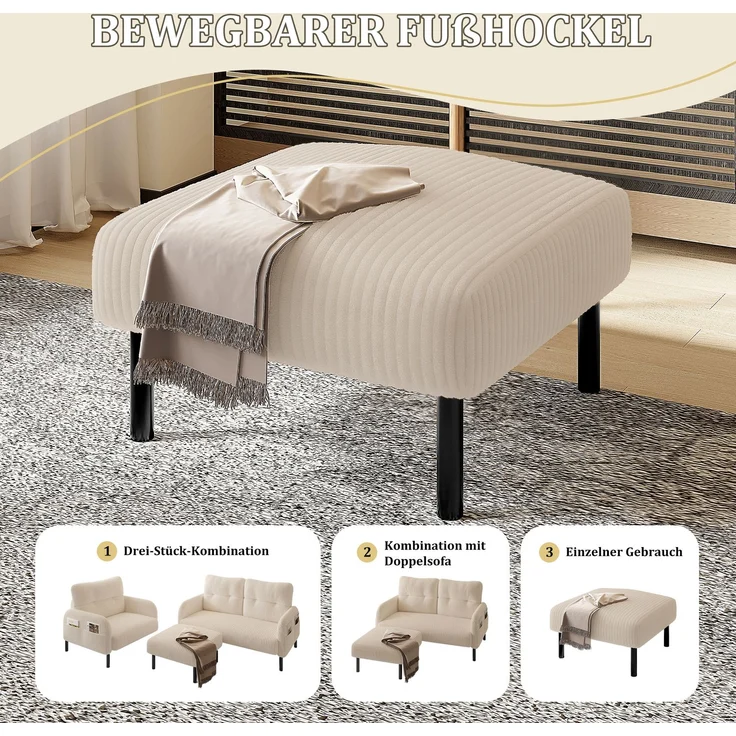 DESVIAE Hocker mit Cordbezug und Metallgestell 56x51x39 cm Beige – Bild 5