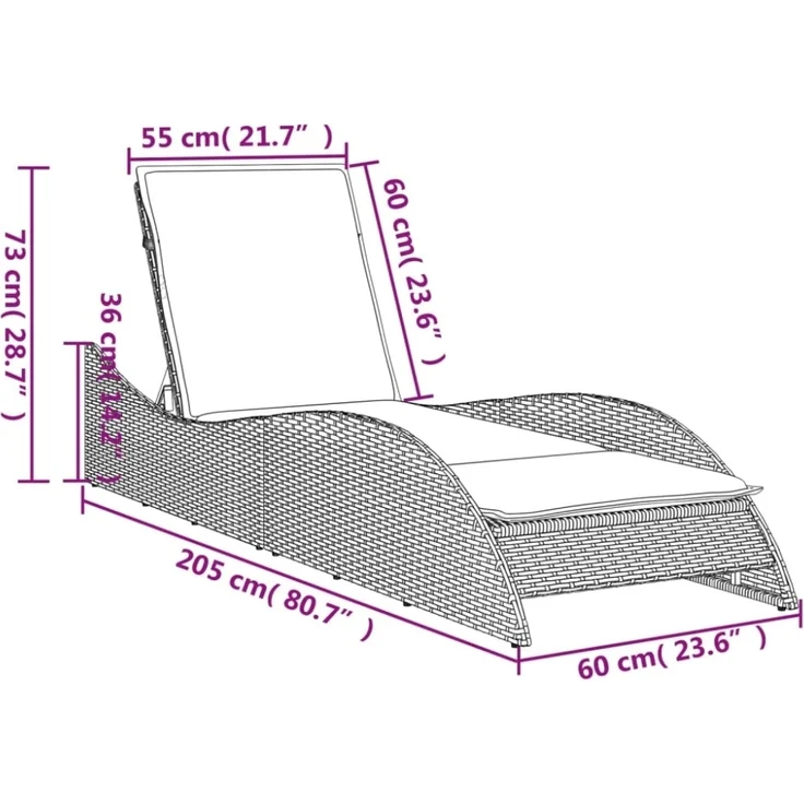 vidaXL Sonnenliege mit Auflage Grau 60x205x73 cm Poly Rattan 368280 – Bild 5