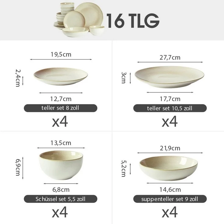 JIWOO Geschirr-Set 16er Kombiservice Teller-Set Tafelservice Schüssel-Set Speiseteller (16-tlg), 4 Personen, Keramik, Hochwertiges Geschirr set Blau Mikrowellen spülmaschinenfest – Bild 1