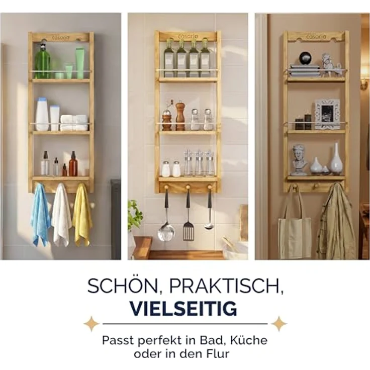 Casaria Badregal mit 3 Böden und 3 Haken, Bambus natur, 28,5 x 70 x 10 cm – Bild 10