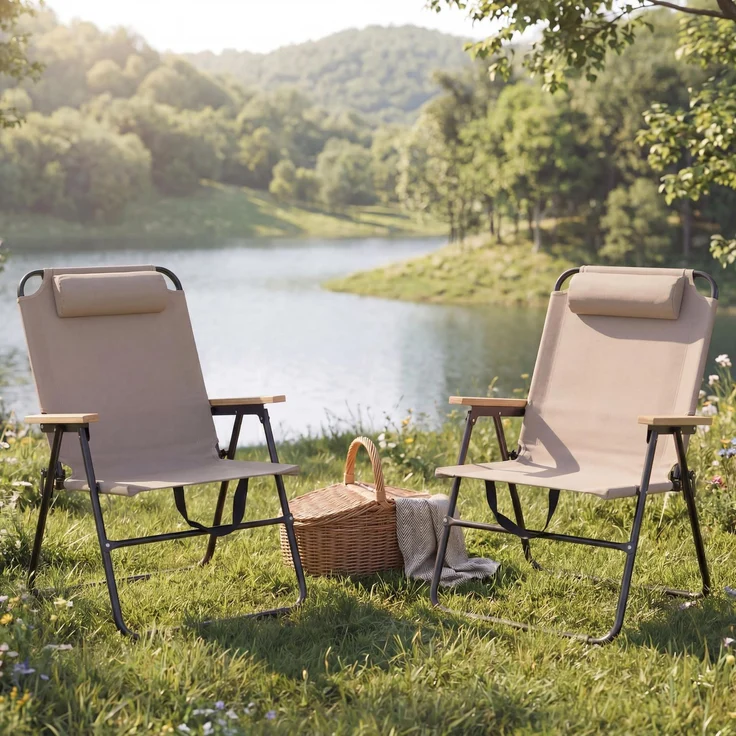 2er-Set Campingstuhl HWC-Q44, Gartenstuhl Balkonstuhl Freizeitstuhl, klappbar verstellbar Outdoor Metall Stoff ~ creme – Bild 1